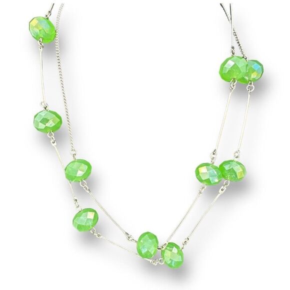 Green Glass Iridescent Station Necklace Long Faceted Cut over Silver Plated - Picture 2 of 6